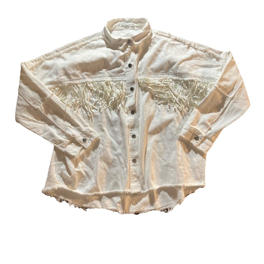 Cowgirl Chic Western Veveret White Denim Jacket with Rhinestone Fringe Medium